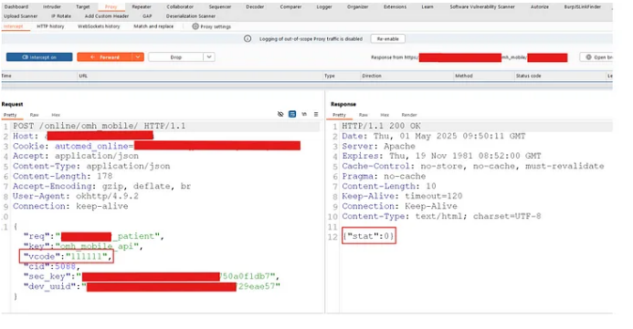 Tampered response with stat:1 forwarded to the client
