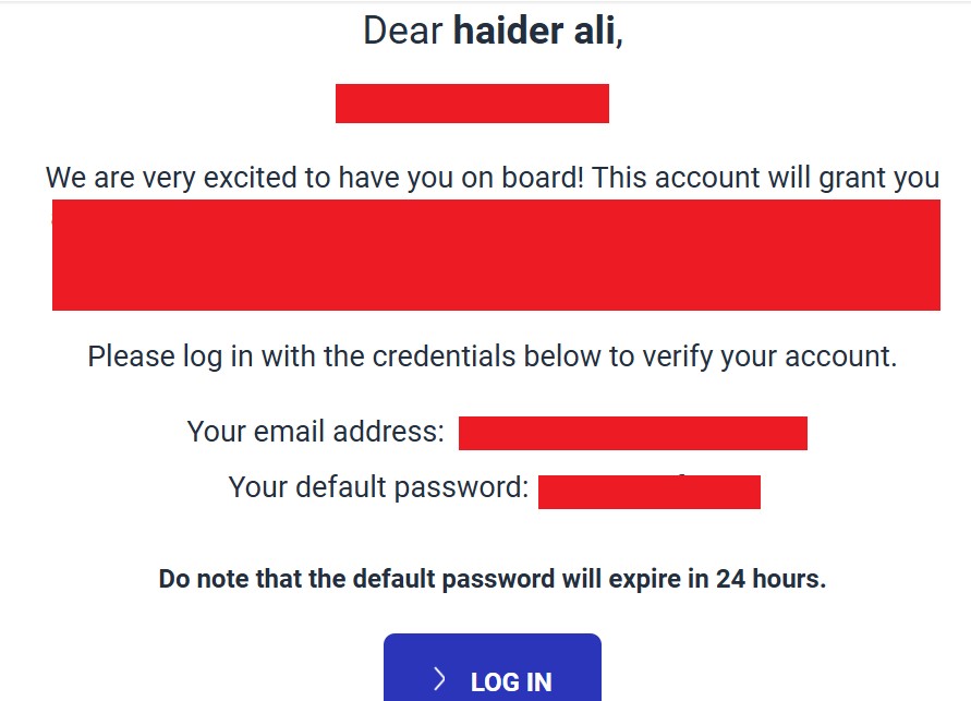Confirmation email with newly-created super admin credentials
