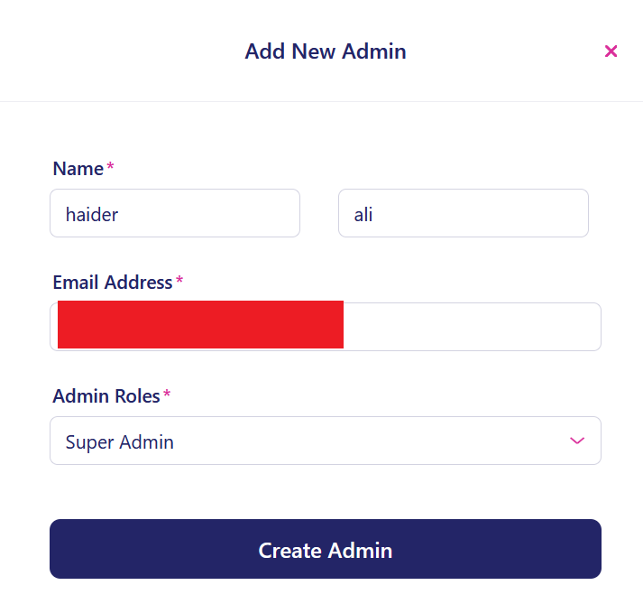 Selecting the Super Admin role when creating the new administrator