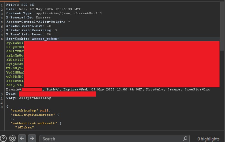 Captured successful sign-in response containing session credentials