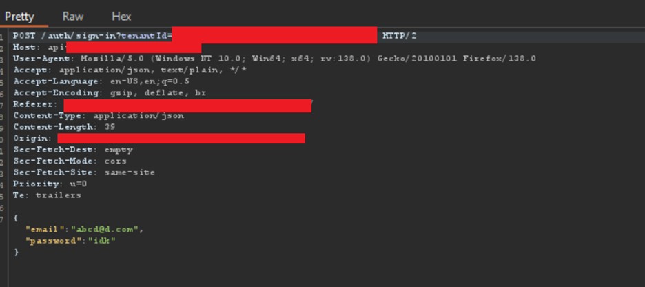 Login request captured in Burp Suite on victim tenant