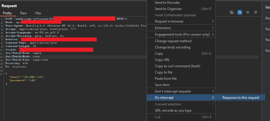 Burp Suite intercept menu showing the request being held
