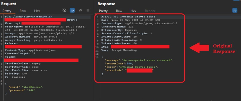 Original failed-login response before substitution