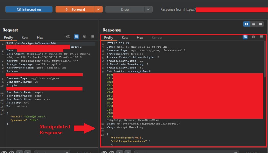 Replaced response: successful session credentials forwarded to the client