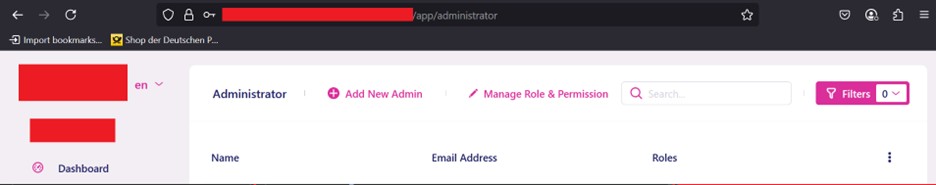 Administrator interface on the victim tenant