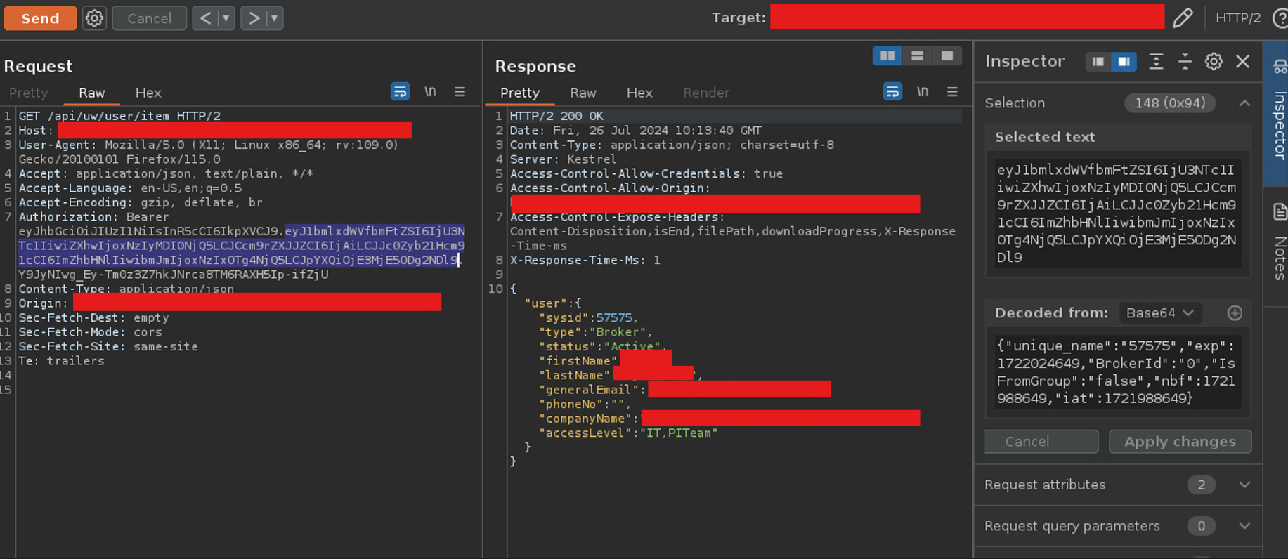 Burp Suite showing the Authorization header containing the JWT