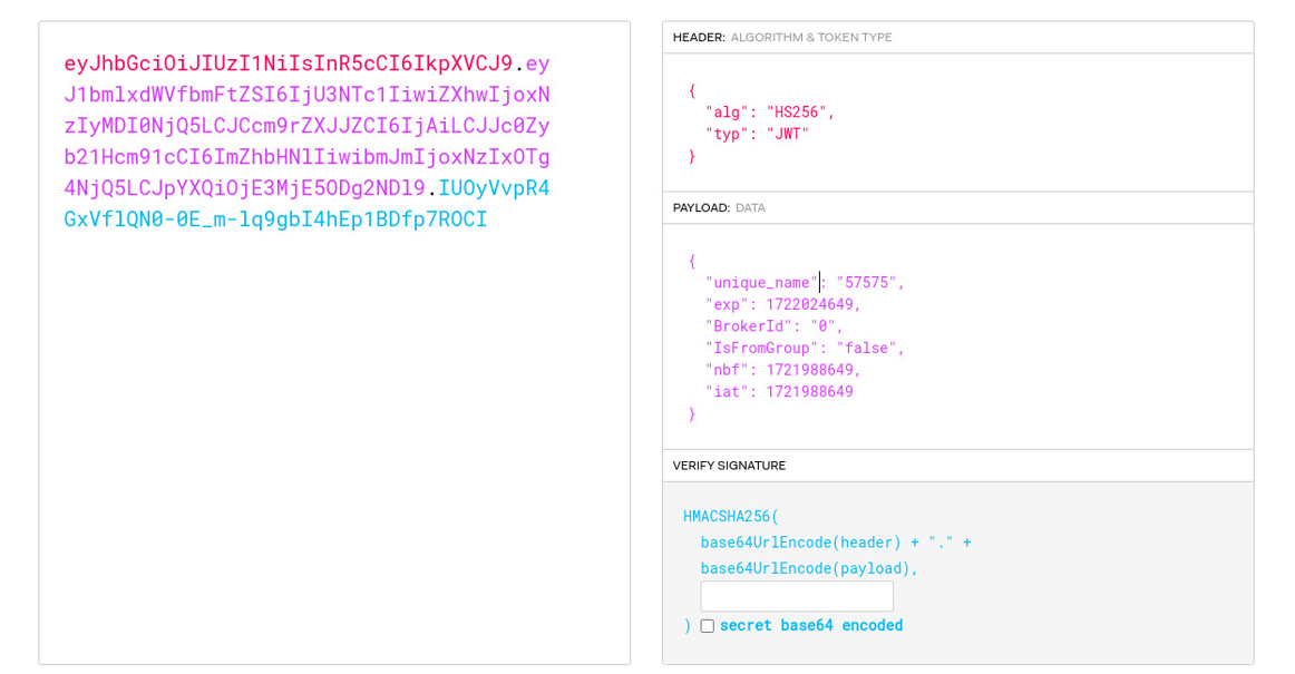 Forged JWT at jwt.io with modified unique_name claim