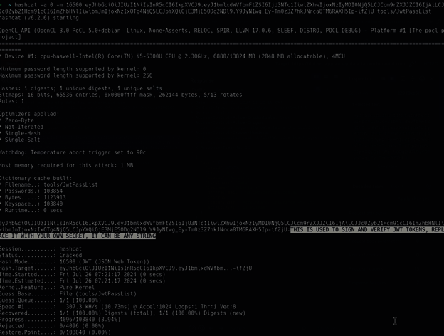 Hashcat output revealing the cracked JWT secret