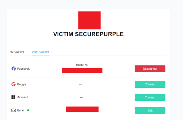 Victim's account dashboard viewed by the attacker post-takeover